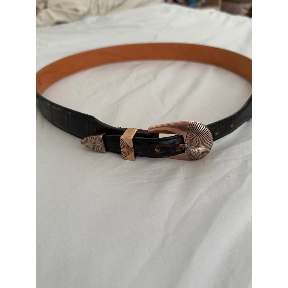 Onyx Leather Belt Size 36 Black Western Sunburst Buckle Vintage Rodeo